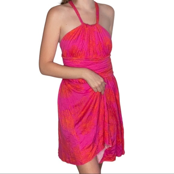 Rachel Pally Dresses & Skirts - RACHEL Pally Pink And Orange Floral Hawaiian Halter Neck Adjustable Mini Dress